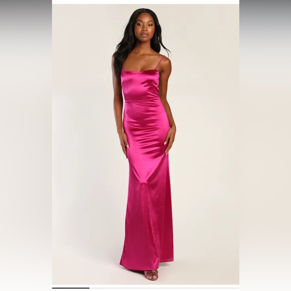 Lulus Perfect Elegance Fuchsia Satin Backless Ruched Maxi Dress